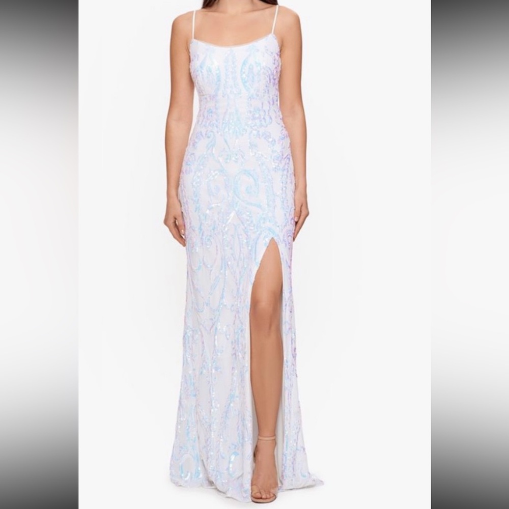 Betsy & Adam Macy’s white with bluish purple sequins prom dress